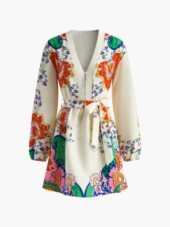 Printed V-Neck Lantern Sleeves Short Dress