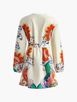 Printed V-Neck Lantern Sleeves Short Dress
