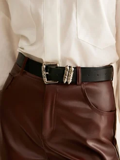 PU Leather Belted Straight Pants