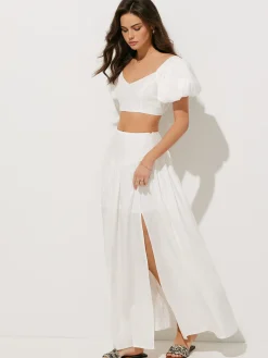 Puff Sleeve Crop Top With Split Thigh Skirt Set