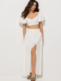 Puff Sleeve Crop Top With Split Thigh Skirt Set