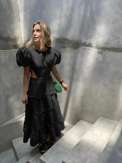 Puff Sleeve Cutout Long Dress