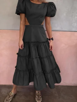 Puff Sleeve Cutout Long Dress