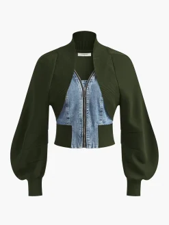 Puff-Sleeve Denim Panel Slim Jacket