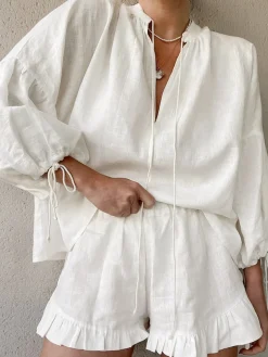 Pure Cotton Adjustable Cuff Ruffle Hem Shorts Set