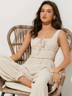Pure Cotton Backless Tie-Front Jumpsuit