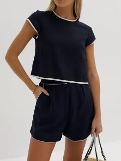 Pure Cotton Contrast Trim Shorts Set