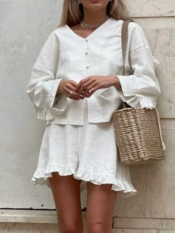 Pure Cotton Ruffle Decor Shorts Set