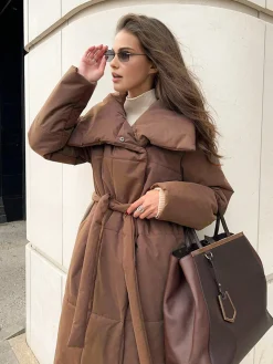 Quilted Long Winter Coat With Belt