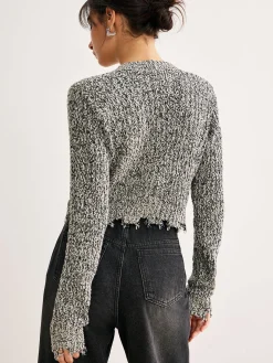 Raw Hem Button Slim Knit Top