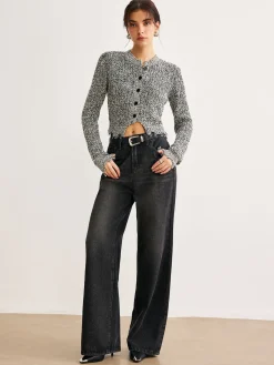 Raw Hem Button Slim Knit Top