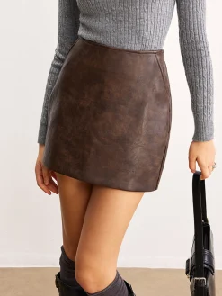 Retro Faux Leather Pockets Skirt