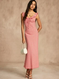 Retro Gingham V-Neck Fishtail Dress