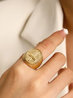 Retro Golden Textured Cross Ring