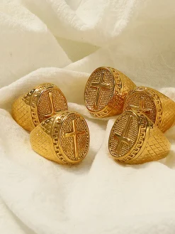 Retro Golden Textured Cross Ring