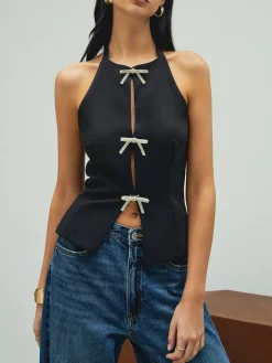 Rhinestone Bow Decor Halter Tank Top