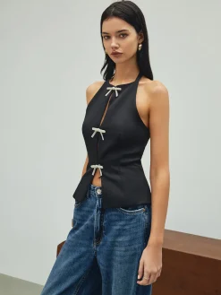 Rhinestone Bow Decor Halter Tank Top