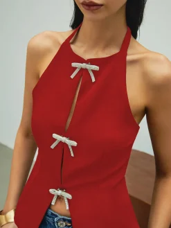 Rhinestone Bow Decor Halter Tank Top