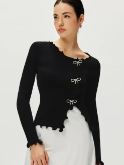 Rhinestone Bow Lettuce Trim Sweater