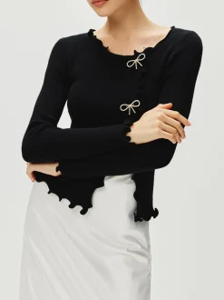 Rhinestone Bow Lettuce Trim Sweater