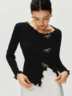 Rhinestone Bow Lettuce Trim Sweater