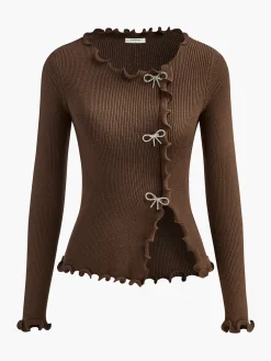 Rhinestone Bow Lettuce Trim Sweater