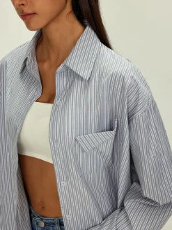 Rhinestone Dot Pinstripe Pocket Shirt