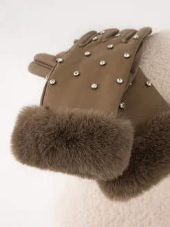 Rhinestone Fuzzy Cuff Warm Gloves