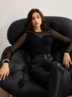 Rhinestone Mesh Panel Jersey Top