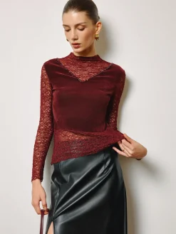 Rhinestone Velvet Panel Lace Slim Top