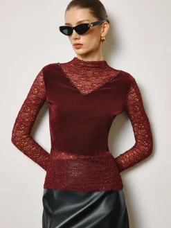 Rhinestone Velvet Panel Lace Slim Top