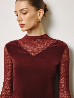 Rhinestone Velvet Panel Lace Slim Top
