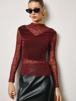 Rhinestone Velvet Panel Lace Slim Top