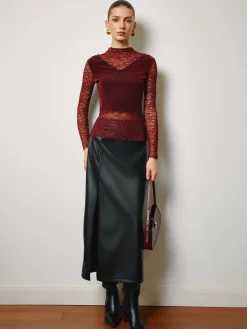 Rhinestone Velvet Panel Lace Slim Top