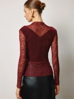 Rhinestone Velvet Panel Lace Slim Top