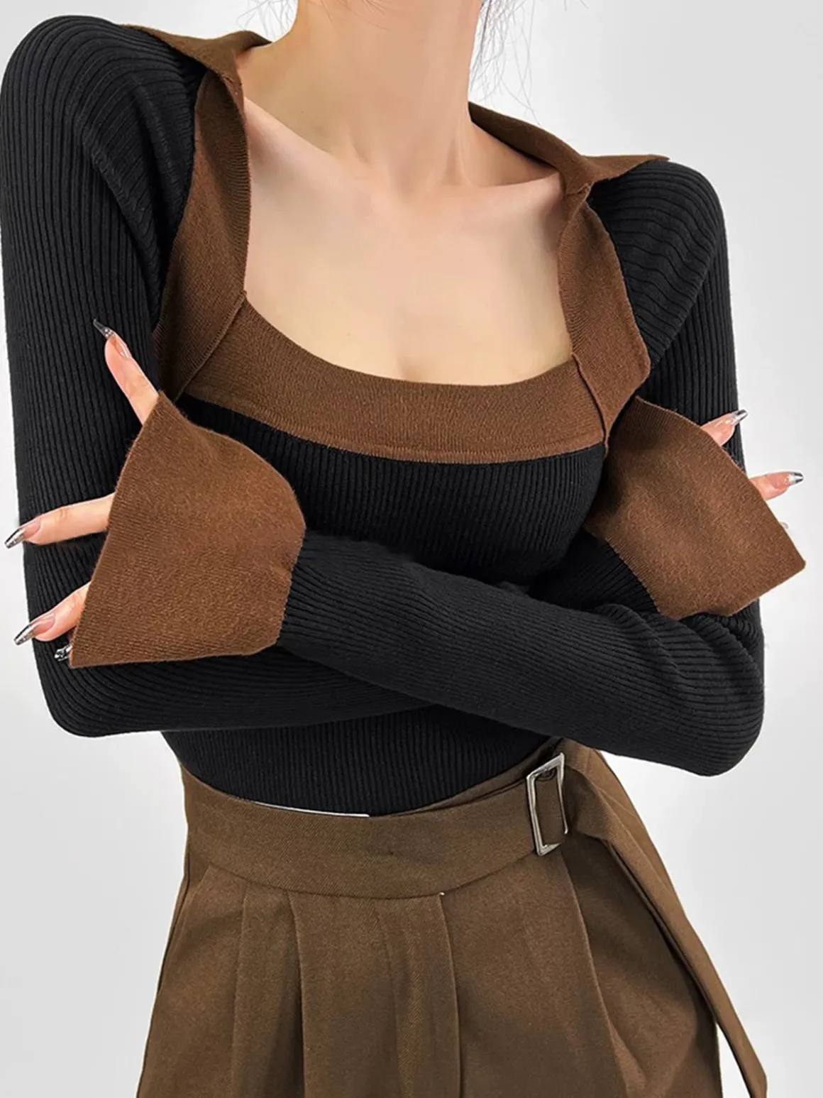 Ribbed Color Block Skinny Sweater