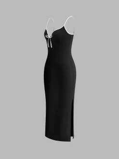 Ribbed Contrast Bow Cami Long Dress