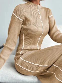 Ribbed Contrast Piping Sweater Dress