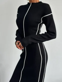 Ribbed Contrast Piping Sweater Dress