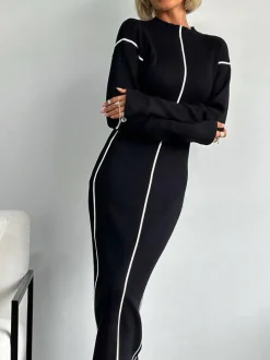 Ribbed Contrast Piping Sweater Dress