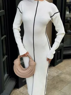 Ribbed Contrast Piping Sweater Dress