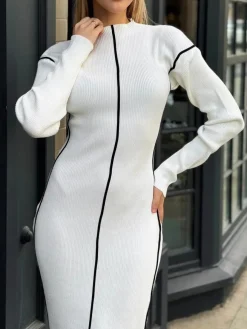 Ribbed Contrast Piping Sweater Dress