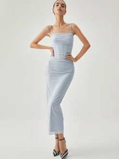 Ribbed Draped Slit Mesh Tank Long Dress