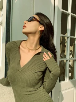 Ribbed High Stretch V-Neck Sweater Dress