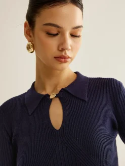 Ribbed Keyhole Neckline Polo Sweater