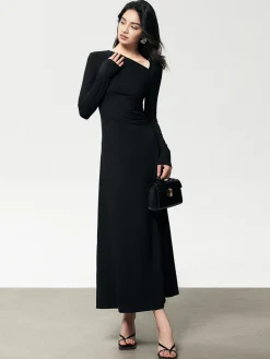 Ribbed Knit Asymmetric Long Sleeve Bodycon Long Dress
