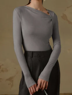 Ribbed Knit Long Sleeve Asymmetric Shirt