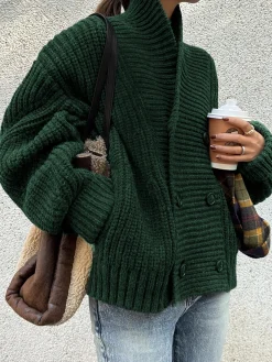 Ribbed Lapel Button Knit Outerwear