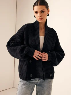 Ribbed Lapel Button Knit Outerwear