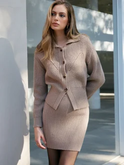 Ribbed Lapel Button Skirt Set